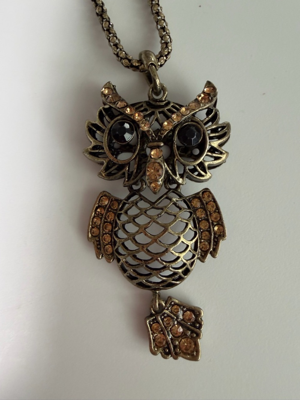 Vintage-Inspired Bronze Owl Pendant Necklace with Amber Crystals